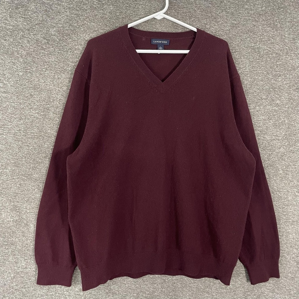 Lands' End Sweater Mens XL Red 100% Cashmere V Neck Knit Pullover Solid